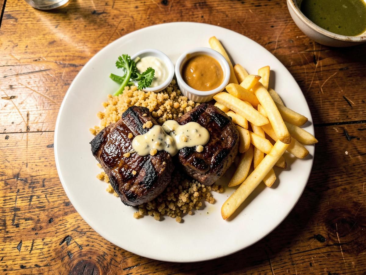 Prato de churrasco com farofa e batata frita